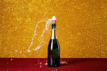 Cold champagne bottle with drops of water on the beach, a transparent glass of gold liquid beverage
