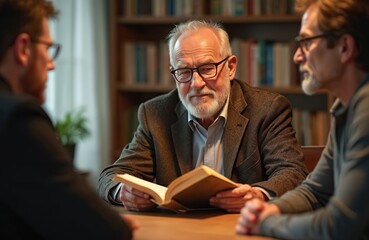 Elderly man reads book aloud for diverse group in library. Friends discuss novel. Mature men share wisdom, ideas. Learning, community, connection in aged togetherness. Retirement hobby.