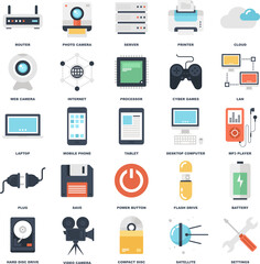 abstract vector set of colorful flat technology and hardware icons creative concepts