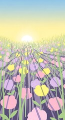 Whimsical springtime meadow landscape featuring pastel flowers and a serene dawn sunlight scene