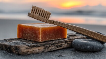 A wooden toothbrush and soap bar rest on driftwood by the ocean at sunset.