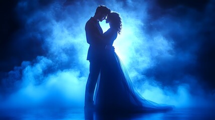 Romantic couple embracing in a misty atmosphere during a nighttime event