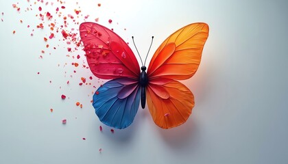Vibrant butterfly with colorful gradient wings on clean minimalist background. Red, blue wing dissolves into flying flower petals. Abstract artistic concept of nature, beauty, metamorphosis, creative