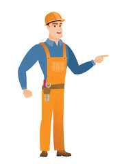 Caucasian furious builder screaming and pointing his finger to the right full length eps