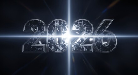 Fototapeta premium Bold 2026 new year celebration with metallic shine and bright lens flare against a dark backdrop, perfect for futuristic promotions and event announcements
