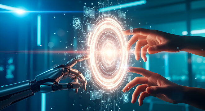 Finger pointing toward a glowing futuristic digital target