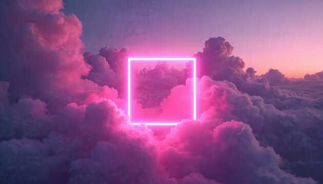 Neon square frame hovers among pink purple clouds. Abstract sky background with glowing geometric shape at twilight. Dreamy ethereal atmosphere, digital art.