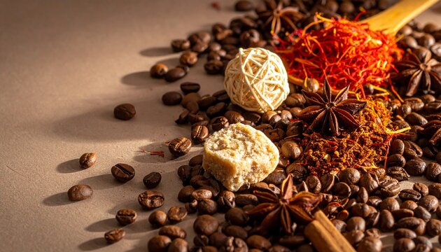 Close-up of roasted coffee beans, spices, and ingredients A culinary journey in textures and aromas