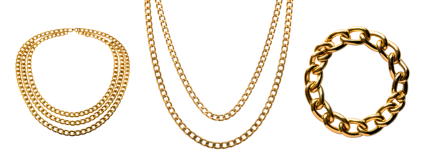 PNG Assorted Gold Cuban link chain necklace for men, element set on transparent background