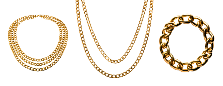 PNG Assorted Gold Cuban link chain necklace for men, element set on transparent background
