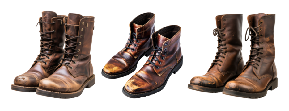 PNG Assorted Pair of weathered brown leather pirate, element set on transparent background