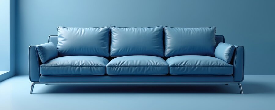 Modern blue sofa with cushions against minimalist light blue backdrop. Furniture smooth leather surface. Elegant couch stands on metal legs in apartment interior. Blue monochromatic theme for house - Powered by Adobe