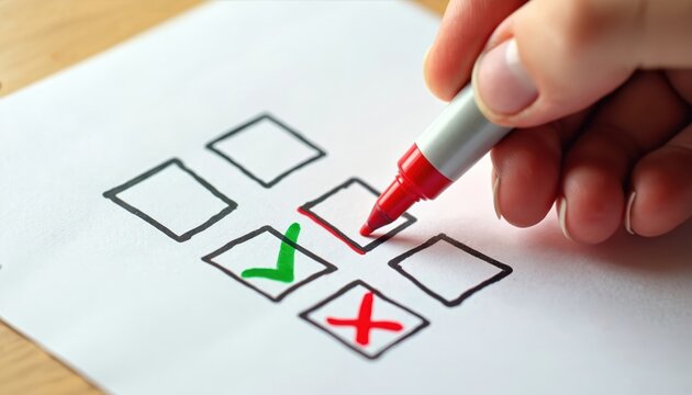 Hand fills out checklist paper with red marker selecting items. Green checkmark and red cross indicate completion or rejection on survey document.