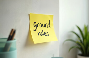 Yellow sticker with handwritten ground rules text on white wall. Notice memo remind of conceptual basic roles, business reminder, workflow organization. Pen, plant in background on desk shows working