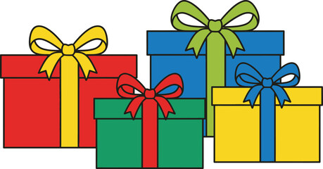 Christmas Present Gift Box Color Vector Set: Vibrant and Colorful Collection of Holiday Wrapped Boxes with Bows for Festive Design