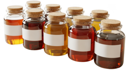 Collection of amber liquids in small glass bottles with cork stoppers transparent background