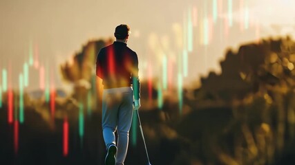 Golfer walking on course with financial stock chart overlay. Investment concept. - Powered by Adobe