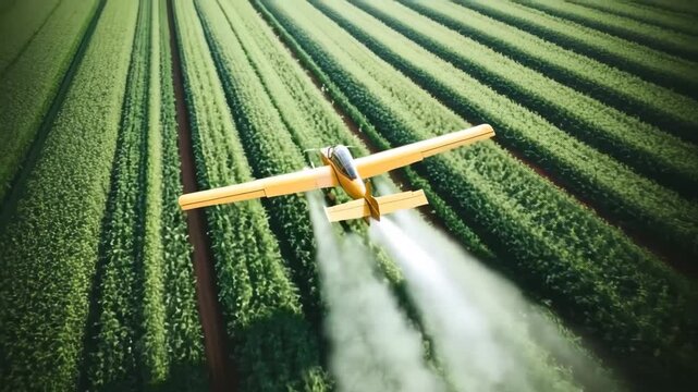 Crop dusting over lush fields in bright yellow airplane