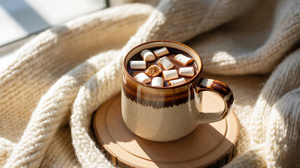 Warm hot chocolate mug, marshmallows, cozy blanket