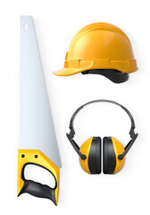 Construction hand saw, hard hat and earmuffs isolated on white background with clipping path. Concept of safety and building tools