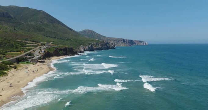 Flyover Seascape Near Spiaggia di San Nicol&ograve; In The Buggerru, Sardinia, Italy. Aerial Drone Shot