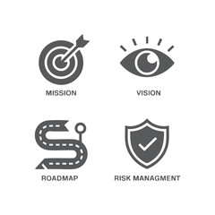 Strategic business icons illustrating mission, vision, roadmap, and risk management for corporate planning, growth strategy, project development, and organizational success.