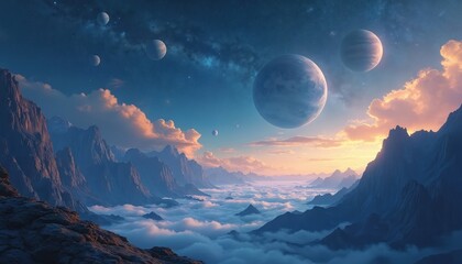 Illustration of fantasy landscape with planets floating above mountains clouds. Stunning celestial scene creates breathtaking atmosphere. Beautiful artwork for book cover poster design