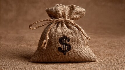 A close-up view of a tied burlap sack featuring a prominent dollar sign.