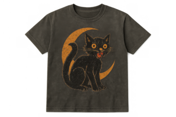 Vintage black cat and crescent moon design on a t-shirt, celebrating halloween, isolated with transparent background