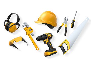 Collection of construction tools, helmets, and safety gear on white background, symbolizing work safety and building industry