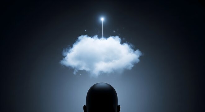 Conceptual illustration of a person's silhouette beneath a glowing cloud, symbolizing inspiration, intelligence, and digital connectivity in a dark environment.