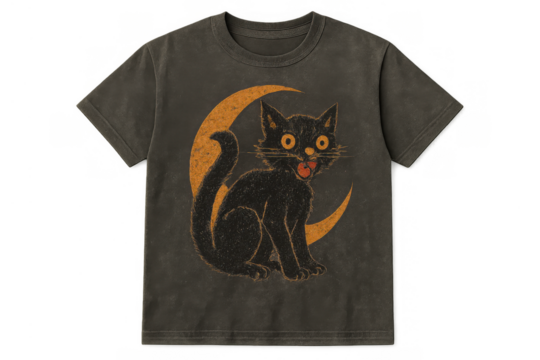 Vintage black cat and crescent moon design on a t-shirt, celebrating halloween, isolated with transparent background