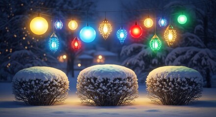 Snowy garden illuminated by festive colorful holiday lights