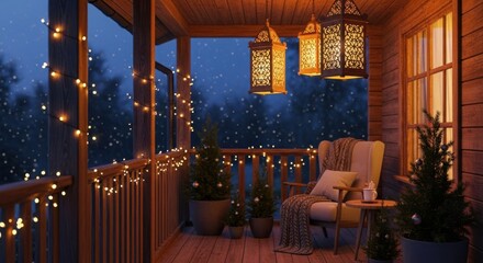 Cozy winter evening on a decorated porch with lights