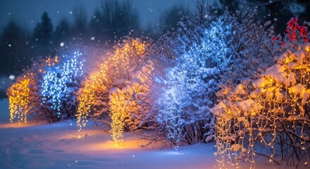 Magical snowy landscape with vibrant Christmas lights adorning bushes, creating a festive and enchanting winter scene, perfect for holiday promotions