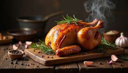 Cooked roast chicken sits on wooden board. Roasted poultry served with rosemary garlic and spices. Delicious grilled bird is ready. Table setting for gourmet meal. Recipe or cooking concept.