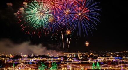 Stunning fireworks light up the night sky over a brightly illuminated city, creating a magical and vibrant celebration scene for festive occasions