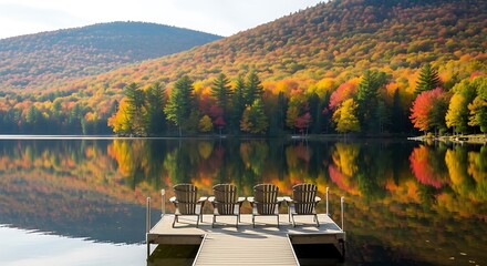 Autumn Scenery Adirondack Chairs on Dock Lake Reflection Foliage