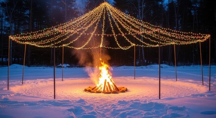 Enchanting snowy evening campfire with beautiful string lights
