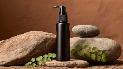 Naklejka premium A black cosmetic bottle displayed on stones with green foliage, against a textured brown backdrop.