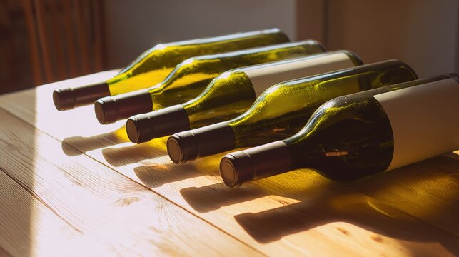 tennessine. Still life of empty wine bottles casually arranged on a wooden table. bar promotions, beverage menus, designed for food & beverage menus and cafe branding, used by architects.