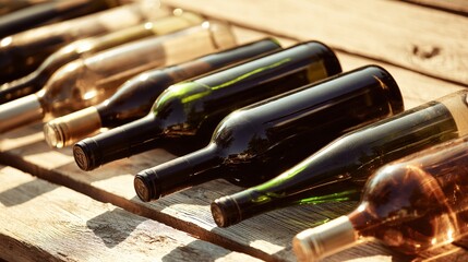 Obraz premium tennessine. Still life of empty wine bottles casually arranged on a wooden table. bar promotions, beverage menus, designed for food & beverage menus and cafe branding, used by architects.