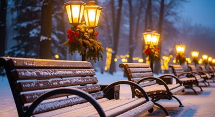 Snowy park benches under warm lamplight at dusk