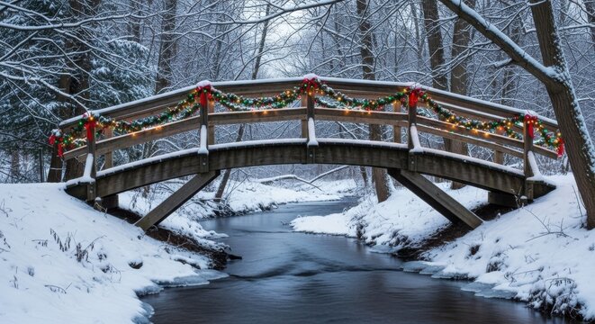 Enchanting winter scene of a snow covered wooden bridge adorned with festive Christmas lights and red bows over a gently flowing stream in the woods - Powered by Adobe