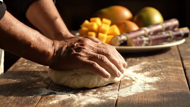 Close Up of Hands Kneading Dough on Rustic Wooden Table Near Fruits and Sugar Canes