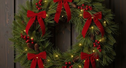 Festive Christmas Wreath Adorned with Red Bows and Lights