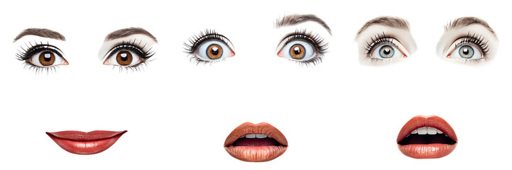 Obraz premium Set of a brown eye with long eyelashes with mouth isolated on a transparent background