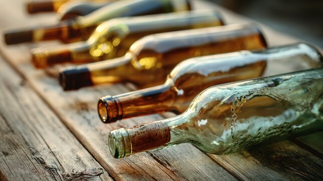 tennessine. Still life of empty wine bottles casually arranged on a wooden table. bar promotions, beverage menus, designed for food & beverage menus and cafe branding, used by architects.