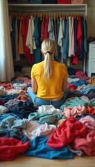 Fototapeta premium Blonde woman sits on floor surrounded by piles of clothes. Organizes wardrobe chooses apparel for donation second hand sale. Person from back sorts garments. Closet with garment on hangers visible.