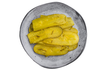 Thin pickled cucumber slices with dill and mustard seeds on a gray ceramic plate over white background in top view.